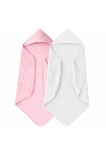 Set de 2 prosoape de baie cu glugă din muselină REDQUIT® pentru bebeluși - 80x80cm, alb cu roz, 100% bumbac
