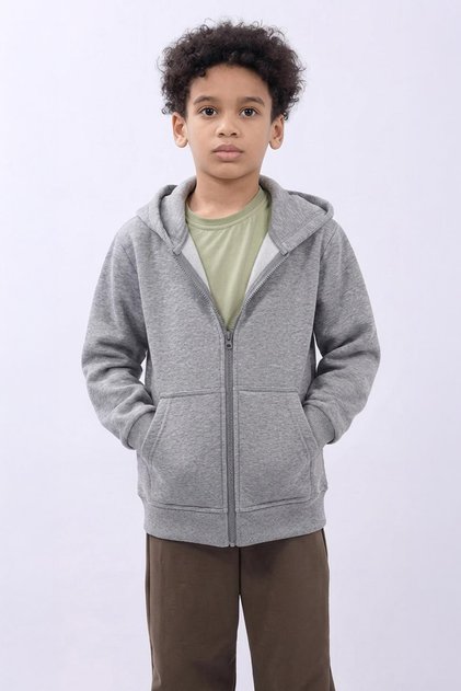 Unisex Kids Hooded Zip Cardigan – Grey Melange Comfortable and Stylish Everyday Top