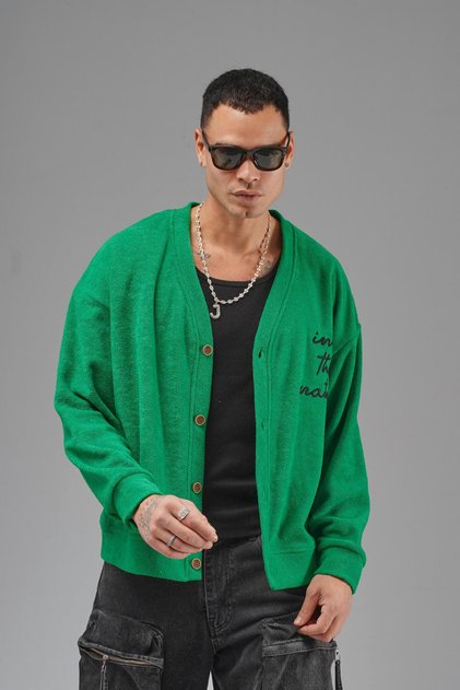 Buttoned Embroidery Detailed Oversized Pattern Men's Cardigan