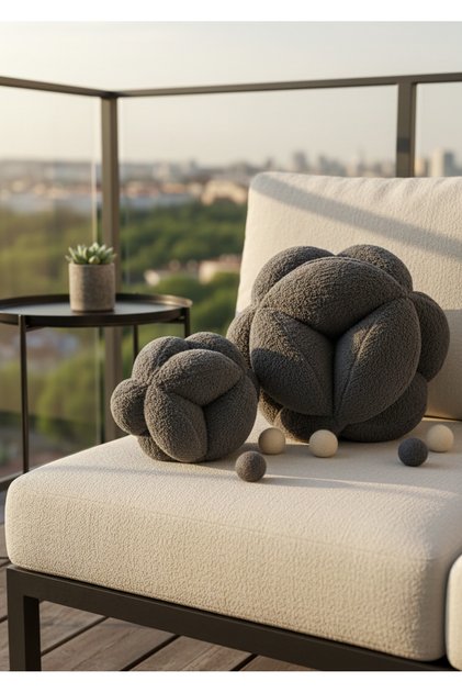 Set of 2 | 42/25 cm Size Anthracite Welsoft Fabric Decorative Ball Throw Pillow Curl Knot Set