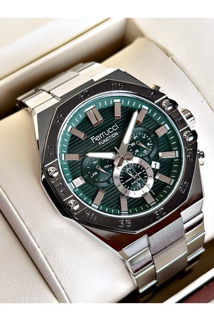 Functional Silver-Green Color Steel Cord Men's Wristwatch