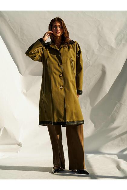 Coral 250462 Leather Collar Trench Coat Light Khaki- Trendyol