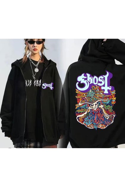 Unisex Ghost Printed Zippered Hooded Sweatshirt