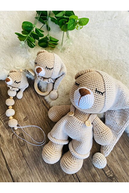 gökçem Amigurumi Aslan Set Çıngırak,Emzik zinciri ,Oyuncak Ve
