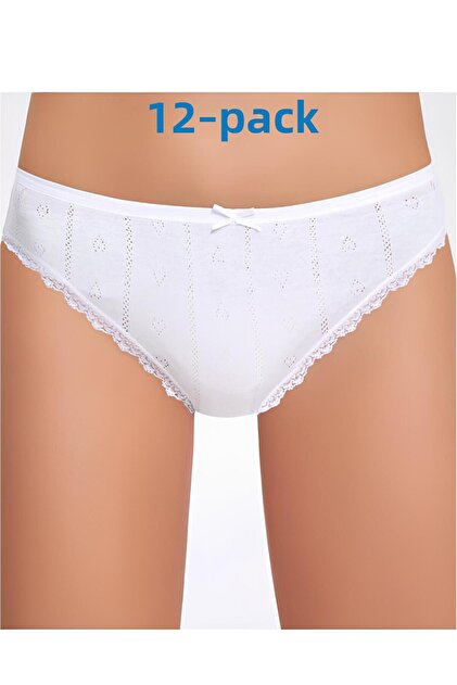 12 Pack, Jacquard, Lace, Heart Pattern, Women's Panties, 100% Cotton Combed, White