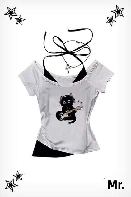White Guitar Cat Madonna Collar Y2K Short Sleeve Crop with Additional Strap