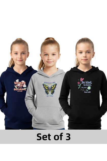 Hooded 3-Piece Girl's Sweatshirt with Pocket Details-Printed