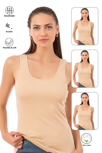 Özkan 0111 - 3-Pack Women's Ribbing Undershirt, 100% Cotton, Flexible and Comfortable Ribbing, Thick Straps
