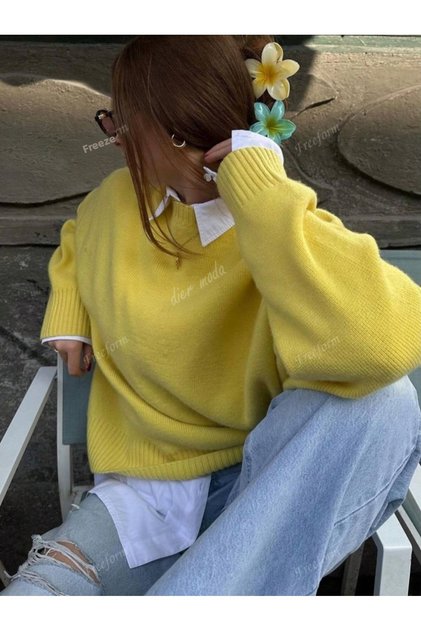 Yellow Crew Neck Oversize Knitwear Sweater Fmoda1976