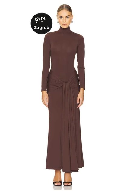 Women's Brown Self-Belted Half-Turtleneck Zippered Silk Jersey Dress