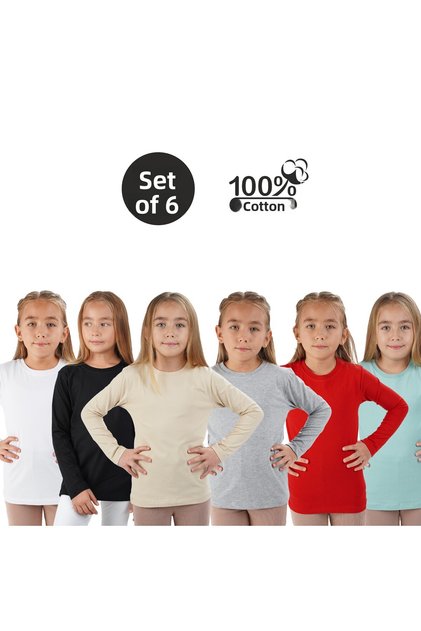 Set of 6 Long Sleeve Crew Neck Seasonal Cotton T-Shirt Badi (White Black Beige Red Gray)