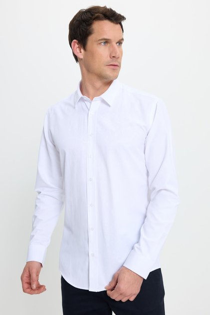 Modern Slim Fit Long Sleeve Cotton Easy-Iron Dobby White Men's Shirt