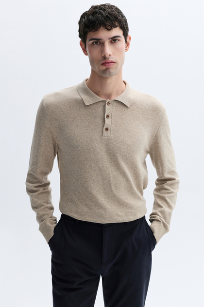Men's Beige Buttoned Polo Collar Sweater