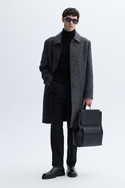 Men's Anthracite Jacquard Wool Blend Long Cashmere Coat