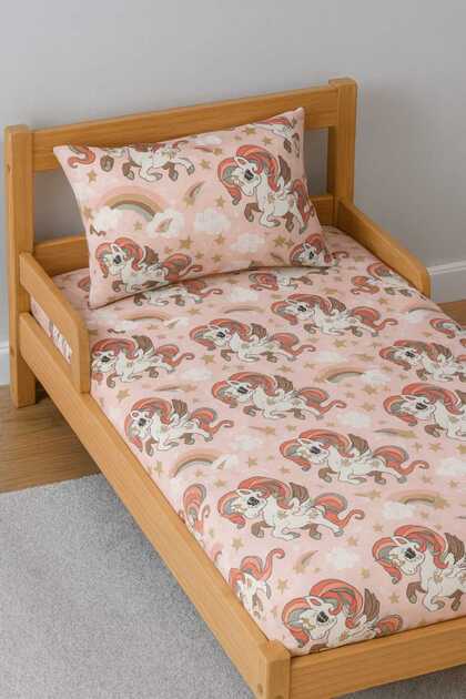 %100 Pamuklu Bebek Ve Çocuk Lastikli Çarşaf Ve Yastık Kılıfı 120x200 Pembe Unicorn
