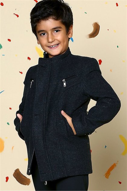 Boy's Dot Patterned Wool Blend Coat Dotted Anthracite K3001