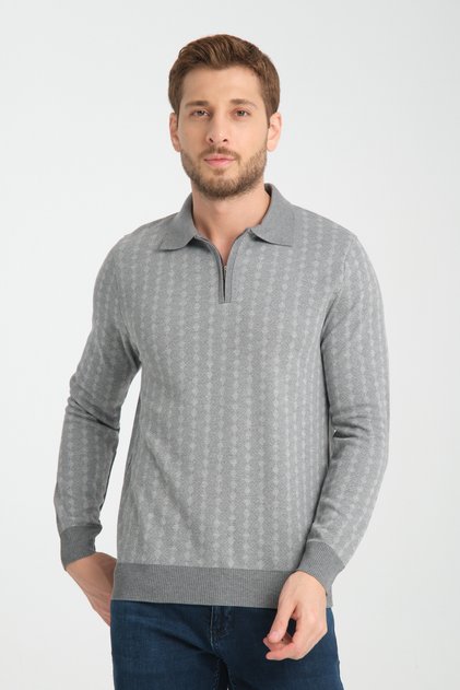 Apia Erkek Dokulu Jakar Slim Fit Polo Yaka Fermuarlı Uzun Kollu Triko Kazak - Gri