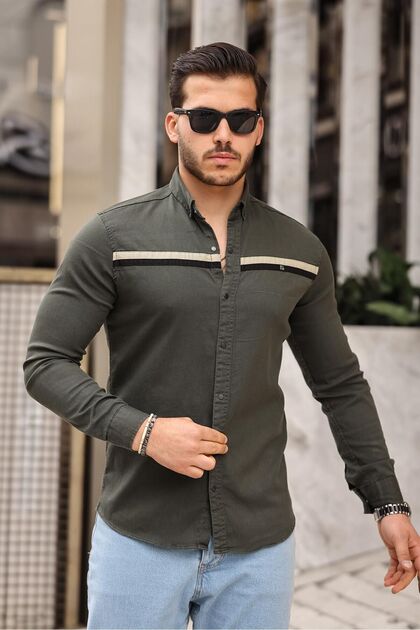 Erkek Slim Fit Şeritli Uzun Kol Dar Haki Kot Gömlek