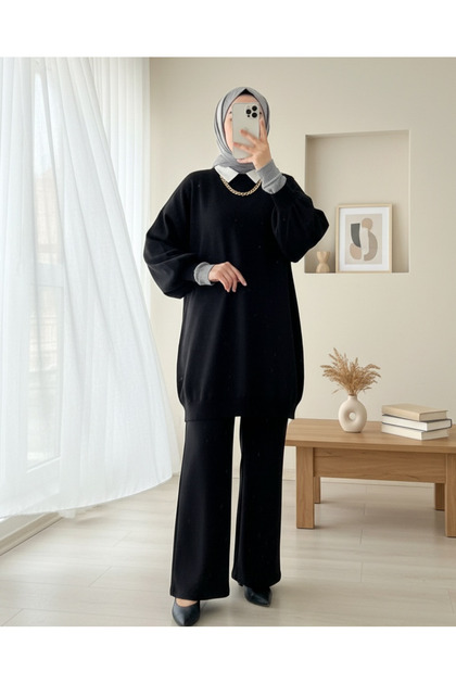 Flat Crew Neck Balloon Sleeve Knitwear Tunic - μαύρο