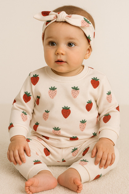 Strawberry Patterned 100% Organic 2-Piece Baby Girl Set / Gift Baby Girl Set