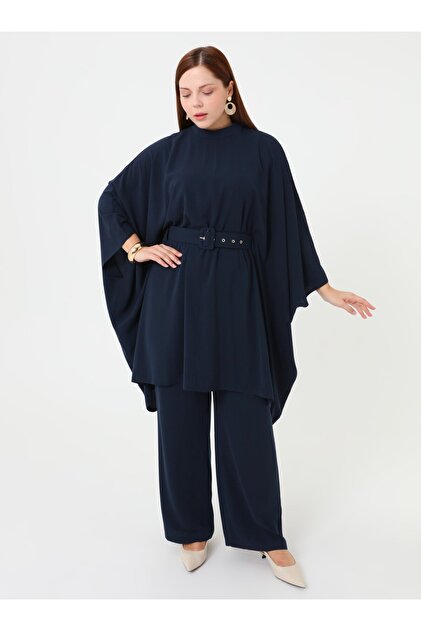 Hidden Tunnel Detailed Belted Tunic & Pants Plus Size Set - Navy Blue -