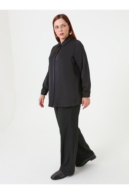 Plus Size Satin Tunic with Button Detail - Black -