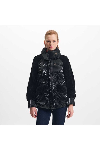 Siyah Tekstil-Kürk Kadın Deri Mont - K23IKM320365-R8X