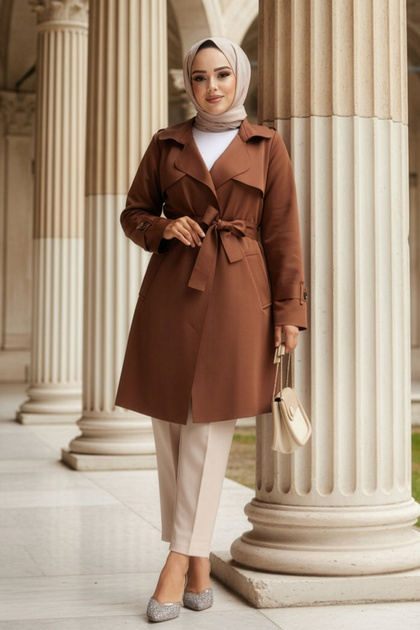Neva Style Kemerli Kahverengi Tesettür Kap 72131KH - Fiyatı, Yorumları
