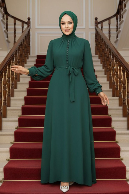 N.S NEVA STYLE Button Detailed Emerald Green Hijab Dress 2703Zy