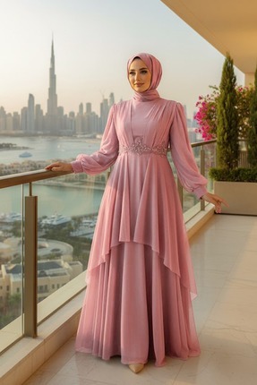 piennar modest evening dress product info and reviews PENNAR Icon Evening Dress with Tulle Detail on the Shoulders and Waist- Trendyol