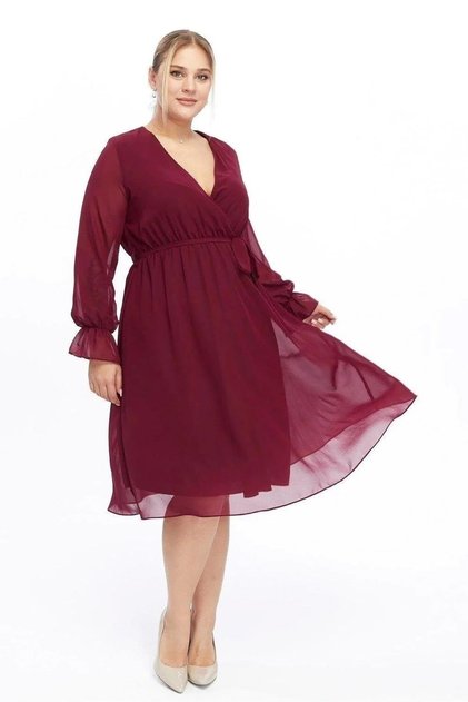 Apsen Women's Burgundy Double-Breasted Belted Plus Size Long Sleeve Chiffon Dress 4450-110