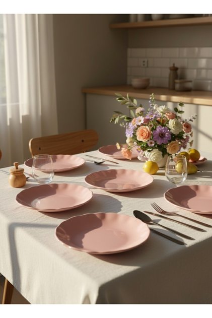 Azzurra Seramik 6'lı Yemek Tabağı Seti Pembe (22 cm)