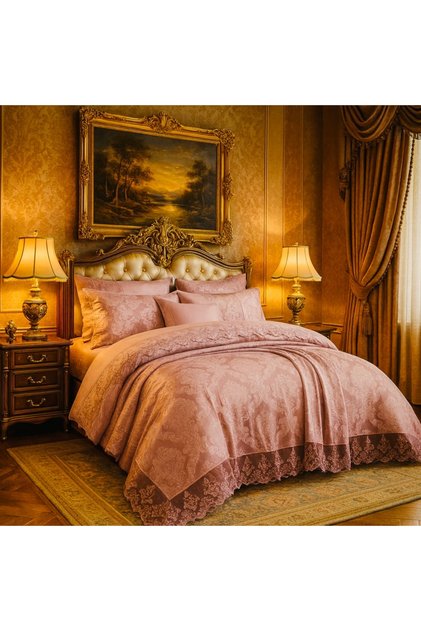 Mahidevran 9 Piece French Lace Double 100% Cotton Bridal Set Duvet Cover Set