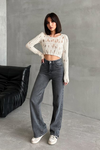 Straight Model Bol Paça Yüksek Bel Kadın Kot Pantolon Likralı %100 Cotton Gri