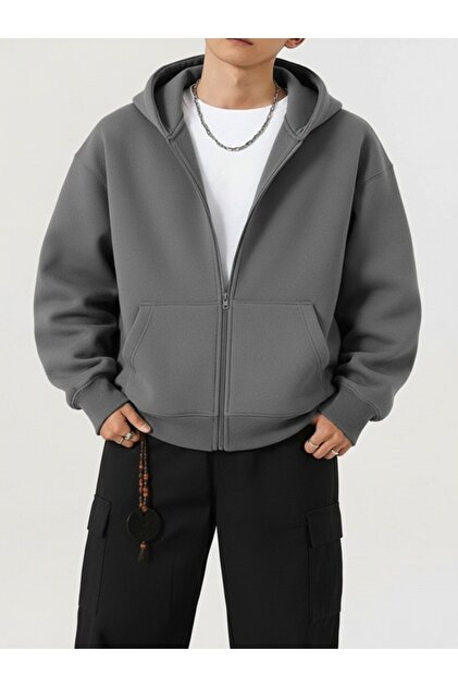EXPECTED Men's Smoke Gray Oversize Zip-Up Hoodie - Streetwear