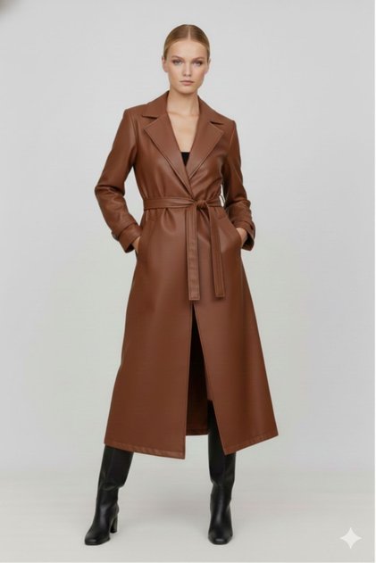 Women's Brown Lined Belted Faux Leather Trench Coat with Epaulettes
