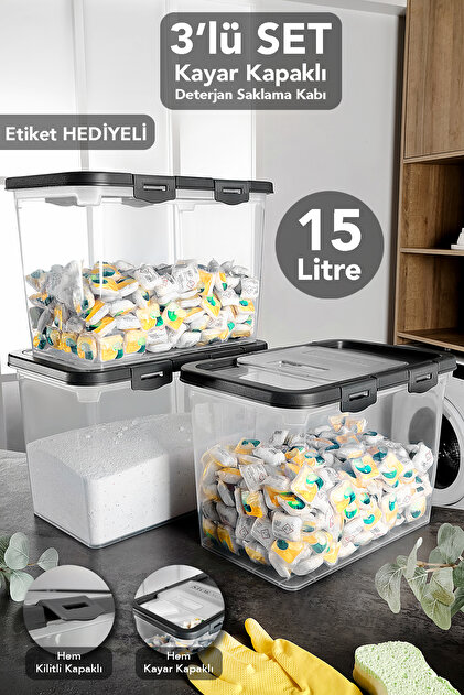 冷凍S15 ML35 ADL20 Meleni Home 3'lü Etiketli Deterjan Saklama Kutusu - 15 Lt Sürgülü