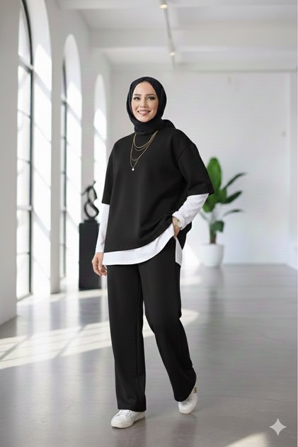 Women's 3-Piece Set ♦   Scuba Fabric ♦   Black ♦   High Waist Wide Leg Pants with Pockets ♦   Casual Stylish Outfit