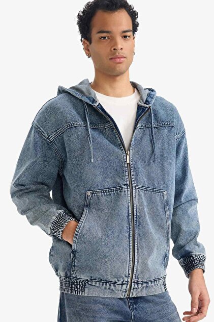 Defacto Oversize Geniş Kalıp Kapüşonlu Fermuarlı Denim Ceket