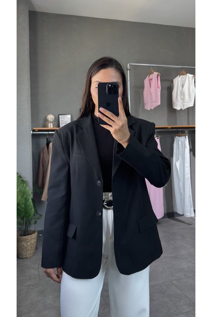 Vatkalı Oversize Siyah Kadın Blazer Ceket