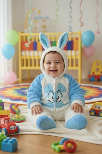 Winter Baby Romper with Rabbit Design, Welsoft Puff Fabric, Rabbit Embroidery, Snap Fasteners, 6-9 Months