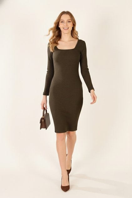 Women's Camisole Square Neck Long Sleeve Midi Dress - Brown