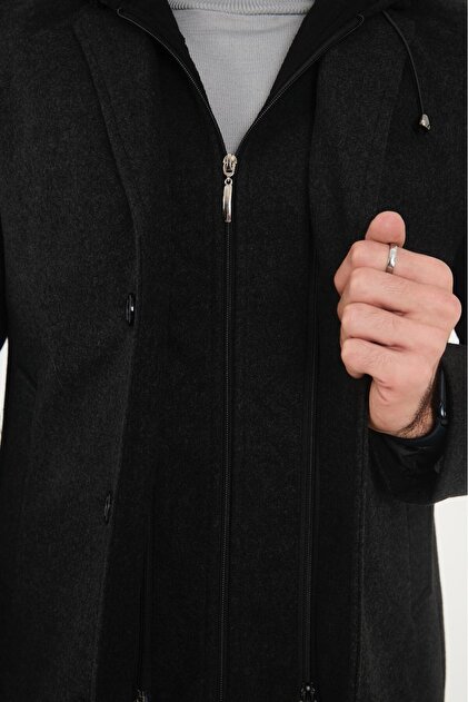 RUVEN TEKSTİL Men's Melton Hooded Long Coat with Front Zipper and