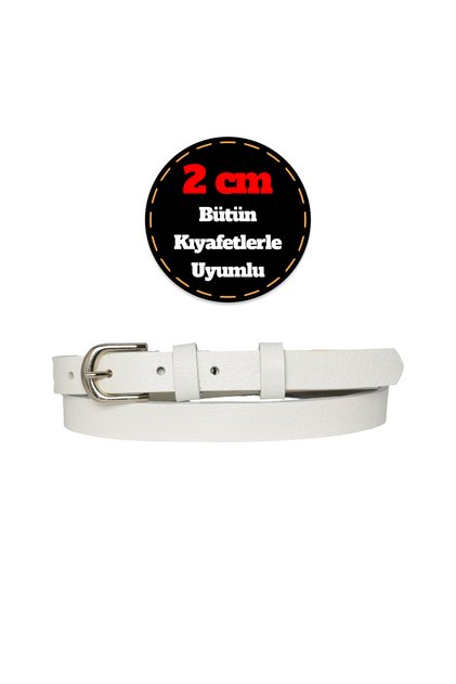 100% Genuine Leather, Thin 2 cm Milk White Women's Belt with Silver Buckle; Dress Belt, Trouser Belt_Straight