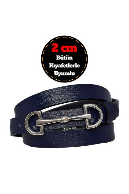 100% Genuine Leather, Thin 2 cm Navy Blue Women's Belt with Silver Buckle; Dress Belt, Trouser Beltd&D