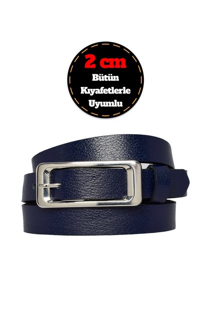100% Genuine Leather, Silver Buckle Thin 2 cm Dark Blue Women's Belt; Dress Belt, Pants Belt_dikd