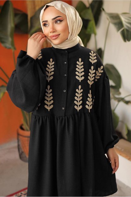 WOMEN'S BLACK LEAF PATTERNED SHIRT TUNIC T 6302