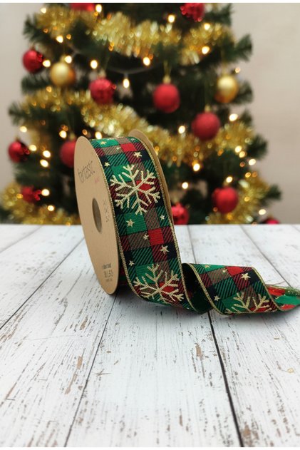 Premium Kalite Altın Yaldızlı Kar Taneli Ekose Yılbaşı Kurdelesi 35mm x 10m Dekoratif Şerit