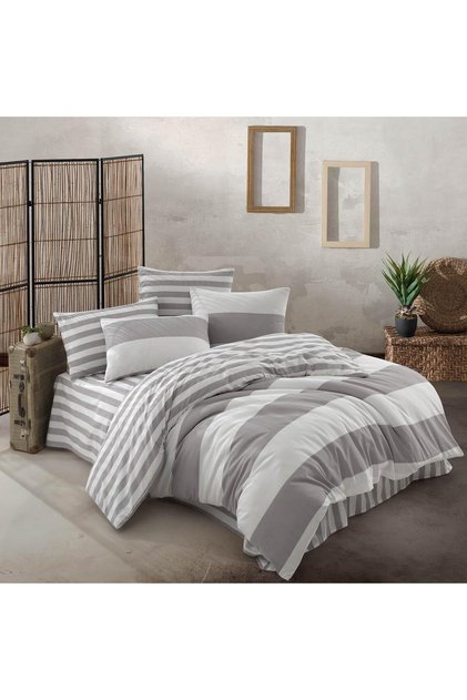 Grid Striped Ranforce Cotton Double Duvet Cover Set