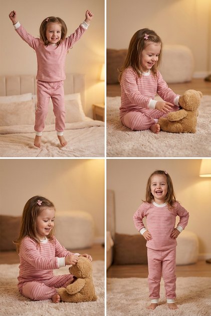 Kız Çocuk %100 Pamuklu Uzun Kollu Pijama Takımı Line
